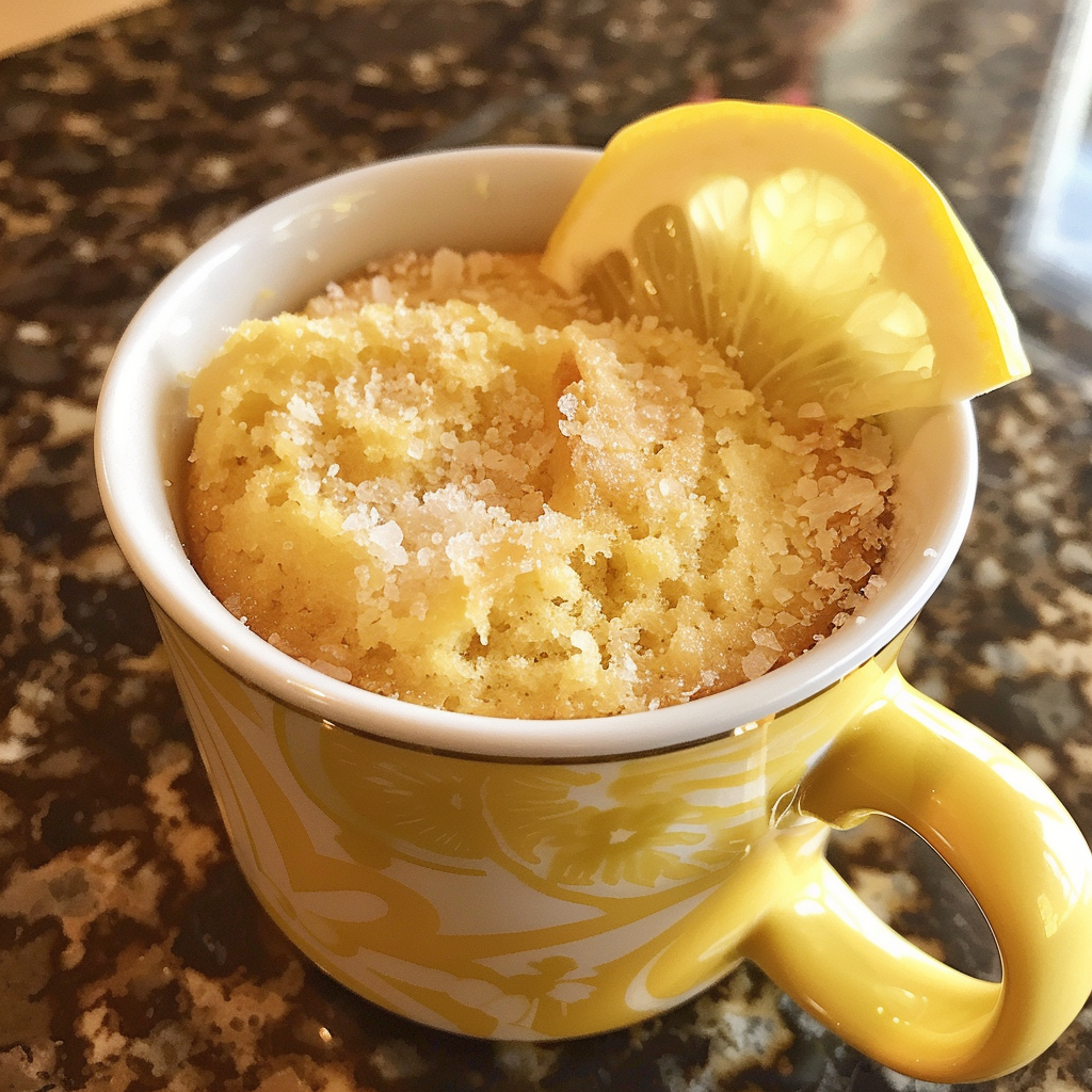 Gluten Free Lemon Mug Cake: Quick, Zesty, and Perfectly Personal 6 A fluffy gluten free lemon mug cake in a yellow mug, topped with lemon zest and a drizzle of icing, set on a rustic wooden table.