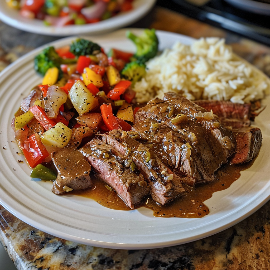Slow Cooker Pepper Steak That Melts in Your Mouth 2 Tender slow cooker pepper steak with bell peppers and savory sauce