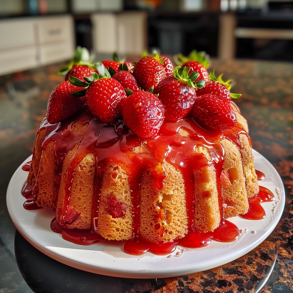 Freshly baked Sweet Glazed Strawberry Pound Cake with pink glaze drizzle and sliced strawberries on top.
