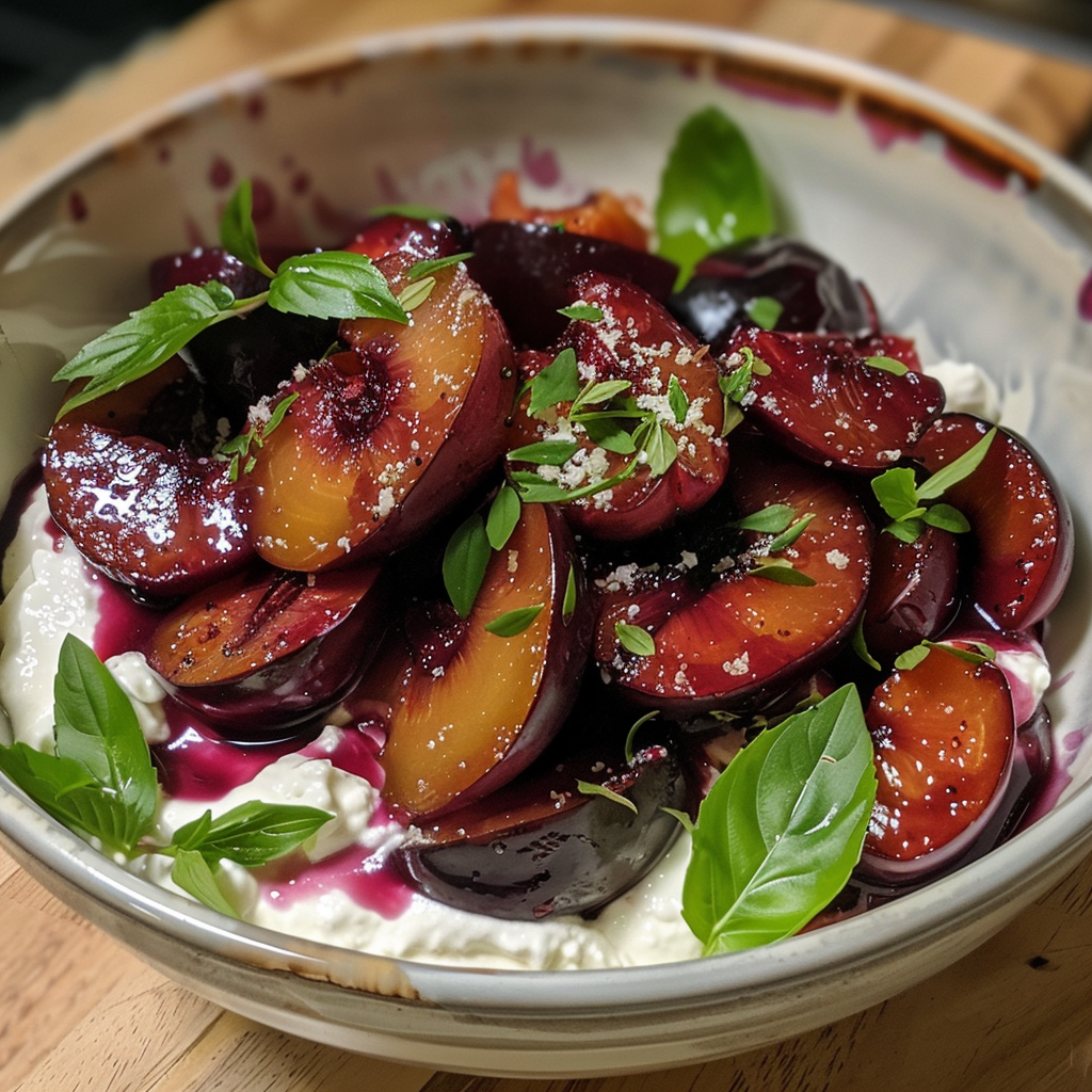 Honey-Baked Plums with Mascarpone – Easy Fruit Dessert 5 Golden honey-baked plums served warm with creamy mascarpone and fresh mint garnish