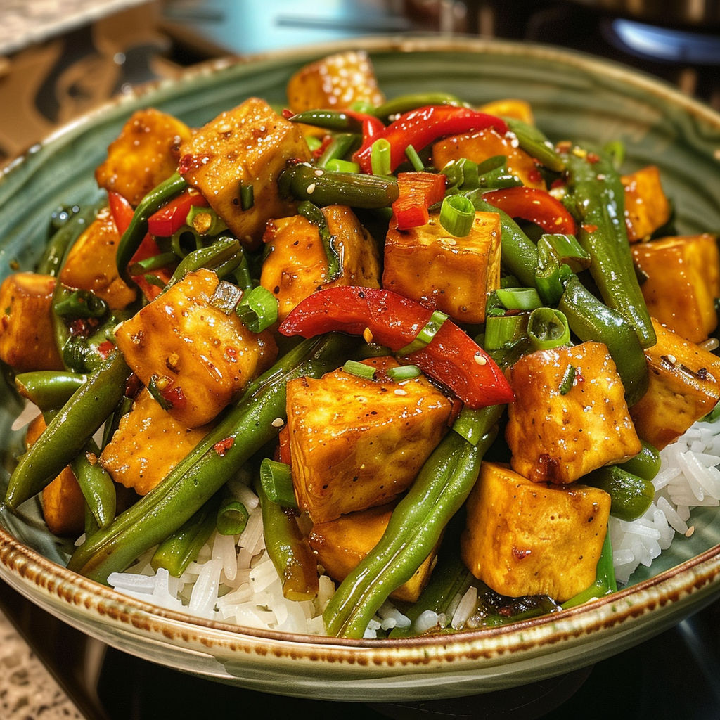 Sticky Chili Tofu and Green Bean Stir Fry