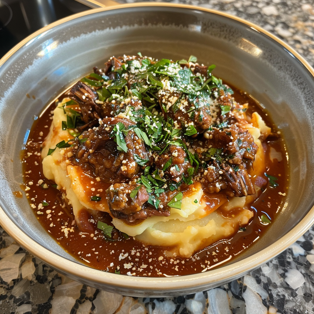 Tender Short Rib Ragu Over Silky Parmesan Mashed Potatoes