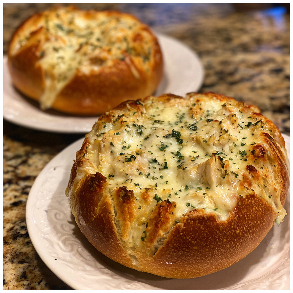 Chicken Alfredo Garlic Bread Bowls Cheesy Creamy 2 1