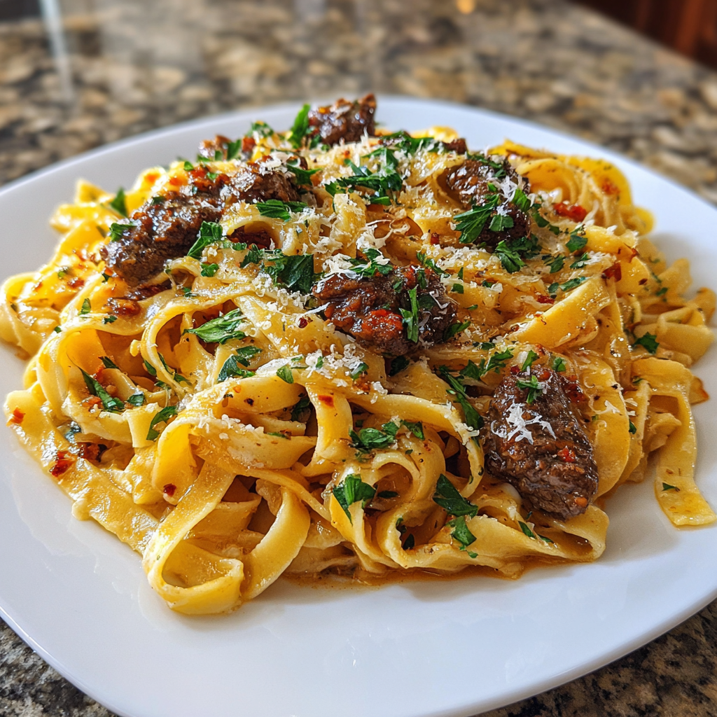 Spicy Garlic Beef Fettuccine in Provolone Sauce 4